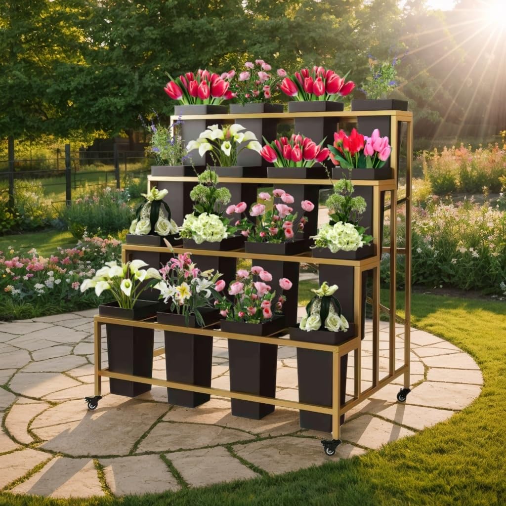 OMKUOSYA 4 Tier Flower Display Stand, Indoor And Outdoor Metal Flower Stand With Wheels, Plant Stand With 16pcs Buckets For Florist Garden Patio(Gold rack and black barrel)