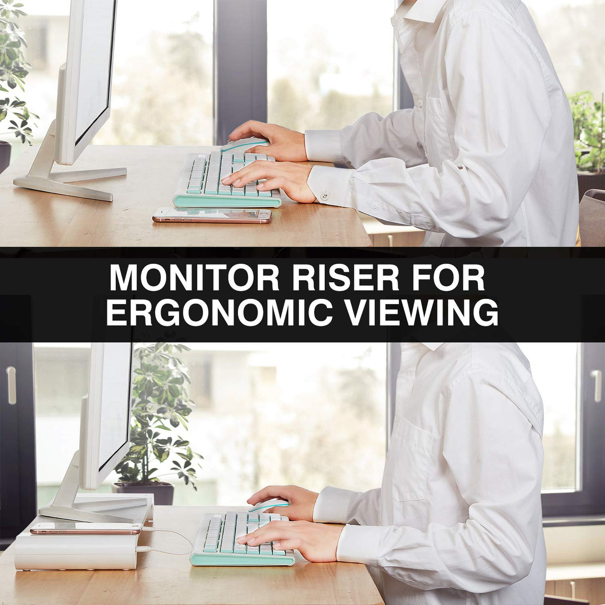 PG Desktop monitor stand with 4 USB charging ports - Convenient keyboard organiser and monitor raising stand for laptops, TVs, printers, fax machines and computers - Convenient desktop organiser