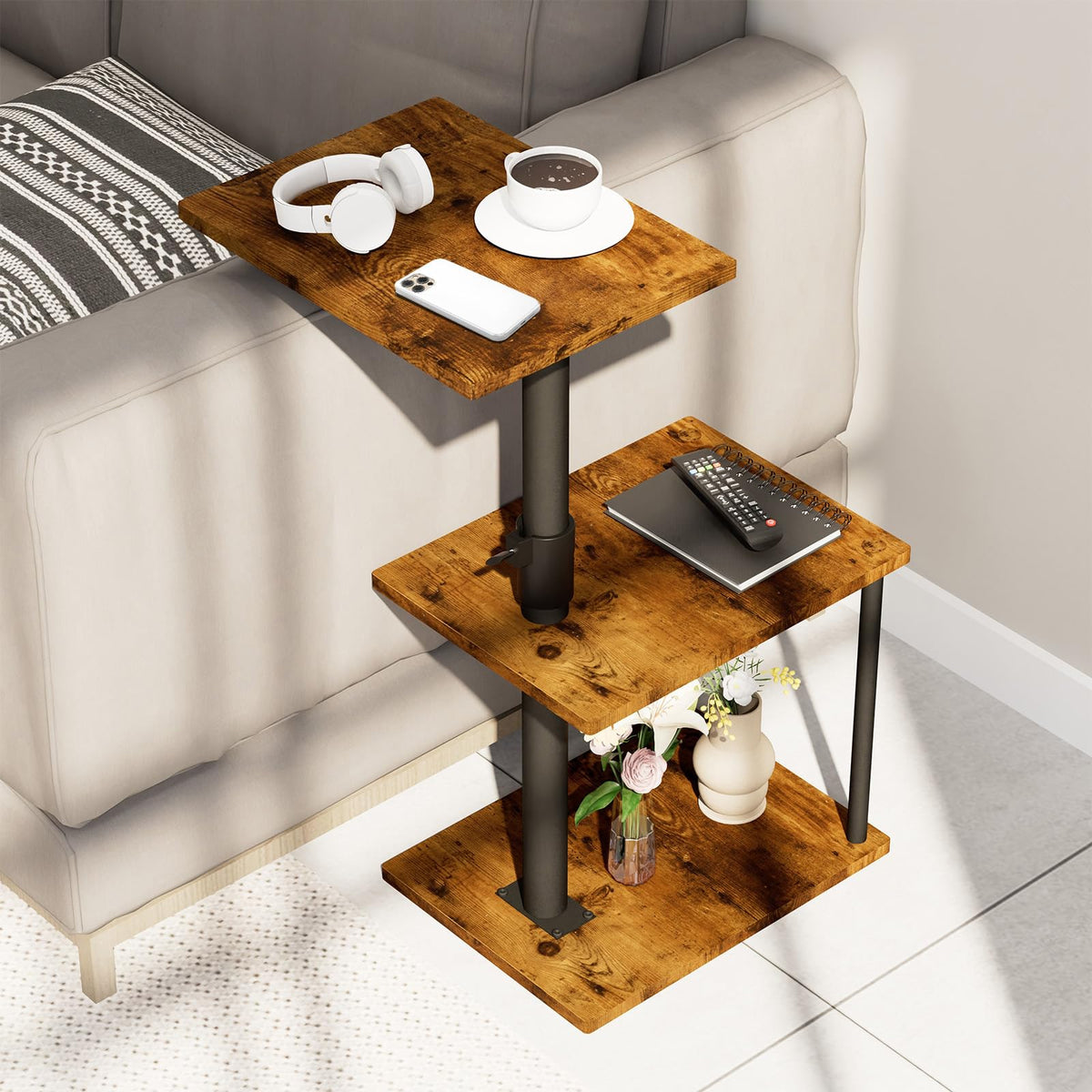 Faesun Swivel Side Table for Couch Arm, Height Adjustable C Shaped End Table for Recliner or Bed, Tv Trays with Storage Shelf for Small Spaces- Small Nightstand for Living Room, Bedroom