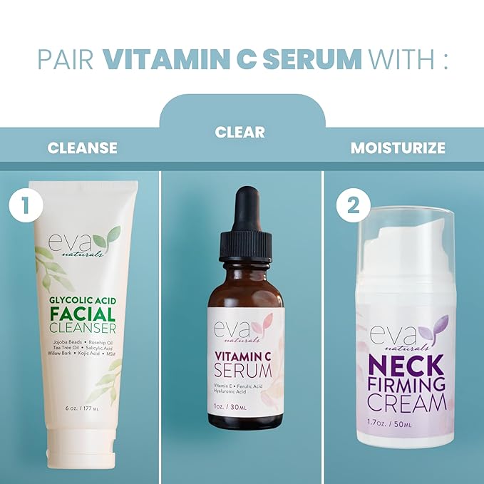 Eva Naturals Vitamin C Serum for Face - 20% Vit C with Hyaluronic Acid, Ferulic Acid & Vitamin E - Facial Serum for Dark Spots, Acne, Anti Aging, Glow & Even Skin Tone, 1 oz (Pack of 2)
