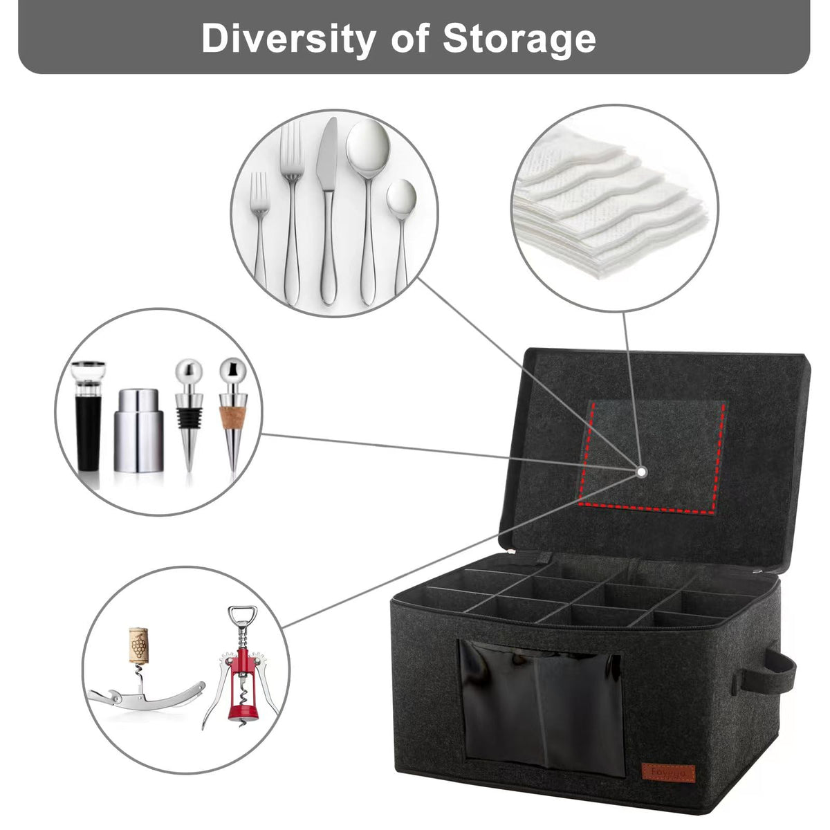 Foyego 2 Pack Wine Glass Storage Box with Dividers, Stemware Storage Containers for Packing and Moving, China Storage Containers Box for 12 Crystal Glassware, Wine Glasses, Drinkware,Dark Gray