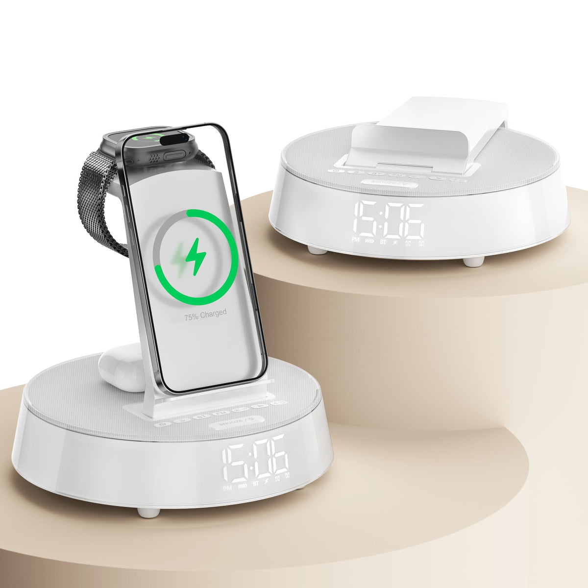 Alarm Clocks for Bedrooms with Wireless Charging Station, iPhone Charging Station with Dimmable Night Light Bluetooth Speaker, Wireless Charger for iPhone 16 15 14 13 Pro Max, Apple Watch, AirPods 3