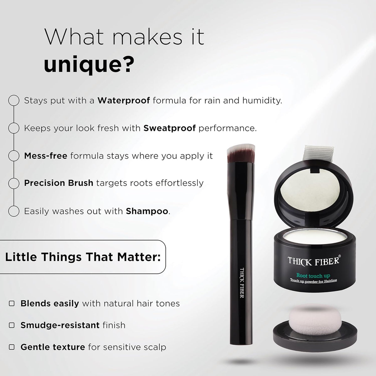 THICK FIBER Root Touch Up and Hair Loss Concealer Set - Water & Sweat Resistant Hairline Powder for Thinning Hair, Women - Includes Brush (White)