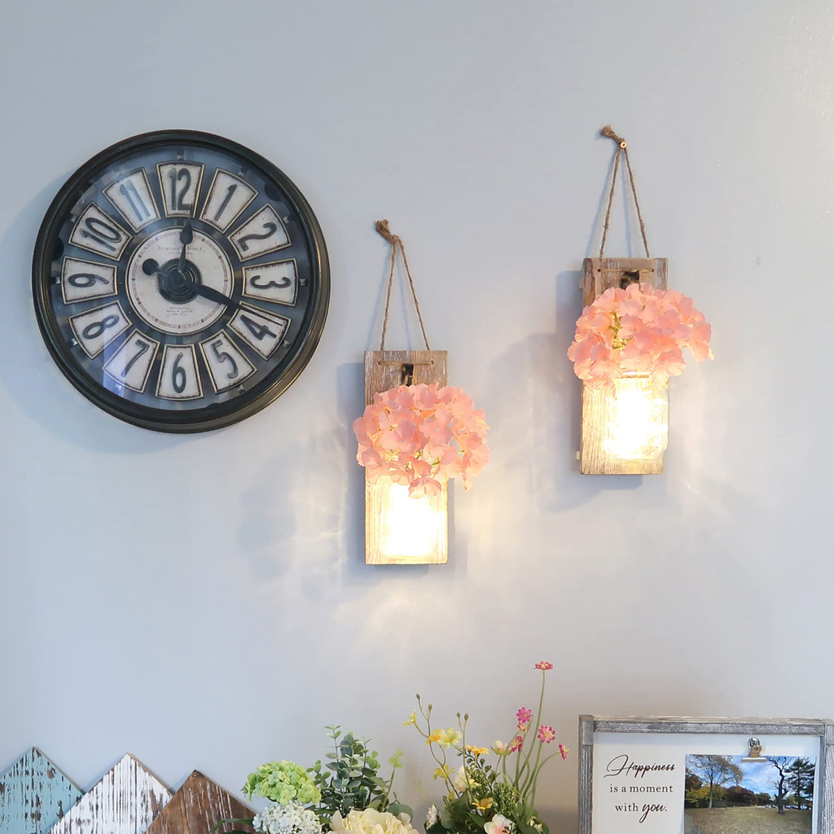 Besuerte Mason Jar Wall Decor Set of 2, Farmhouse Decor Living Room, Country Inspirational Rustic Hanging Accent Wall Decor with Remote Fairy Light & Pink Hydrangea Flowers(Medium,Rustic Brown)