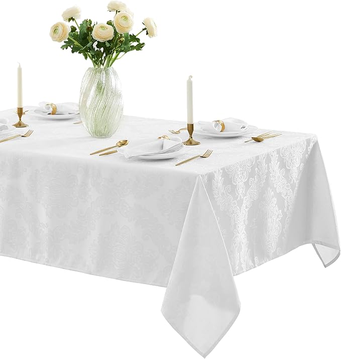 Newbridge Barcelona Luxury Damask Fabric Tablecloth, 60” Wide x 144” Rectangle, White, 100% Polyester, No Iron, Soil Resistant Dining Room, Party and Banquet Table Cover