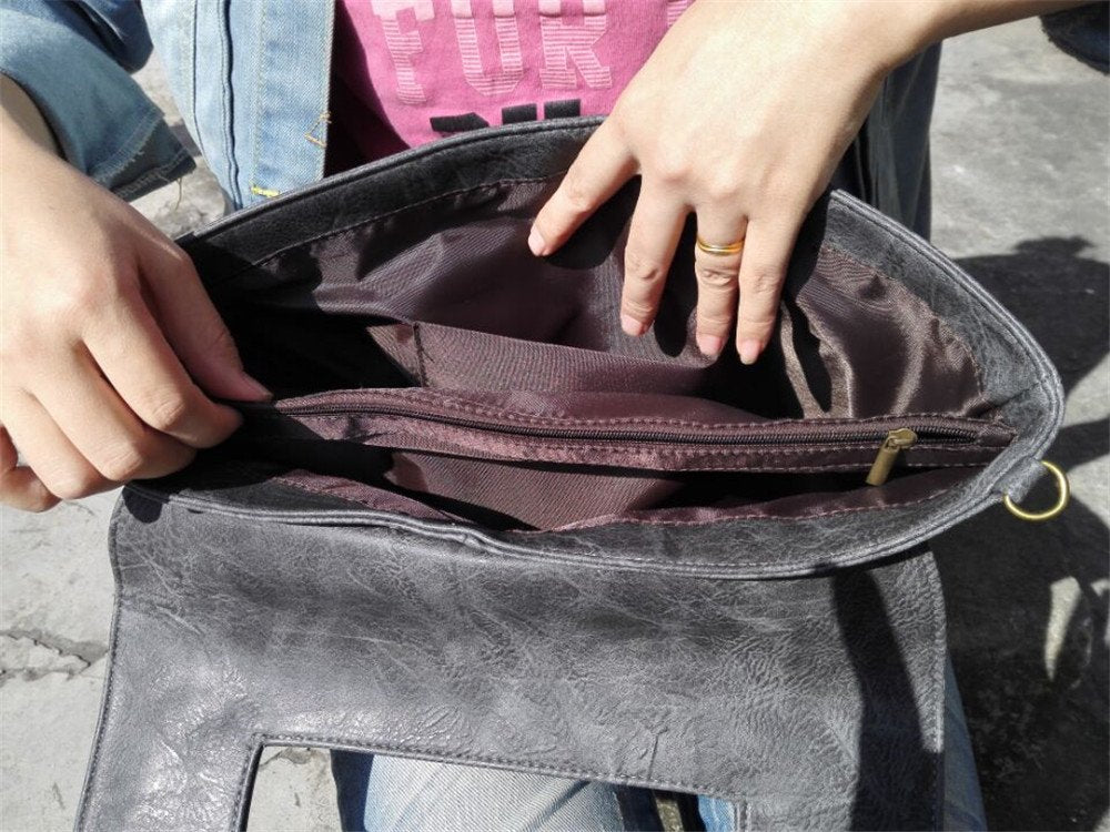 NIGEDU Women Handbags PU Leather Female Clutch Handbag Messenger Bag Large Solid High Capacity (Black)