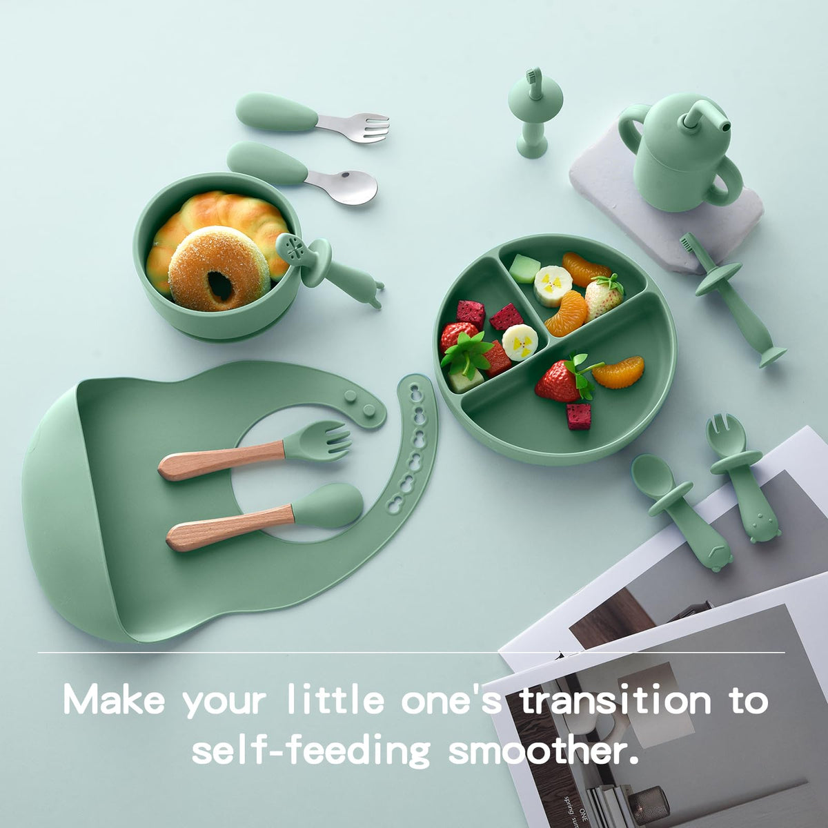 Silicone Baby Feeding Set,13PCS Baby Feeding Essentials with Suction Bowl and Plate,Spoons & Forks,Bib & Cup,Baby Toothbrush,Baby Led Weaning Supplies for 6+ Months,Baby Eating Essentials(Light Green)