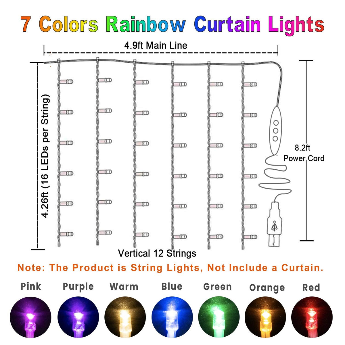 Rainbow Fairy String Curtain Lights with Remote, Twinkle LED Icicle Rainbow Lights Curtain for Girls Room, Bedroom, Teen Room, Kids Room, Unicorn Room, Party, Holiday Décor (Rainbow)