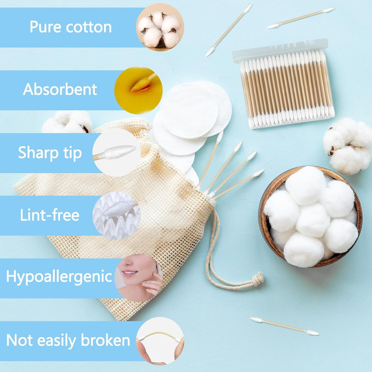 900 Pcs Precision Tip Cotton Swabs with Sturdy Bamboo Sticks, 700 Pcs Double Pointed Tip Cotton Swabs & 200 Pcs Long Cotton Swabs for Makeup, Nails, Crafts, Gun Cleaning