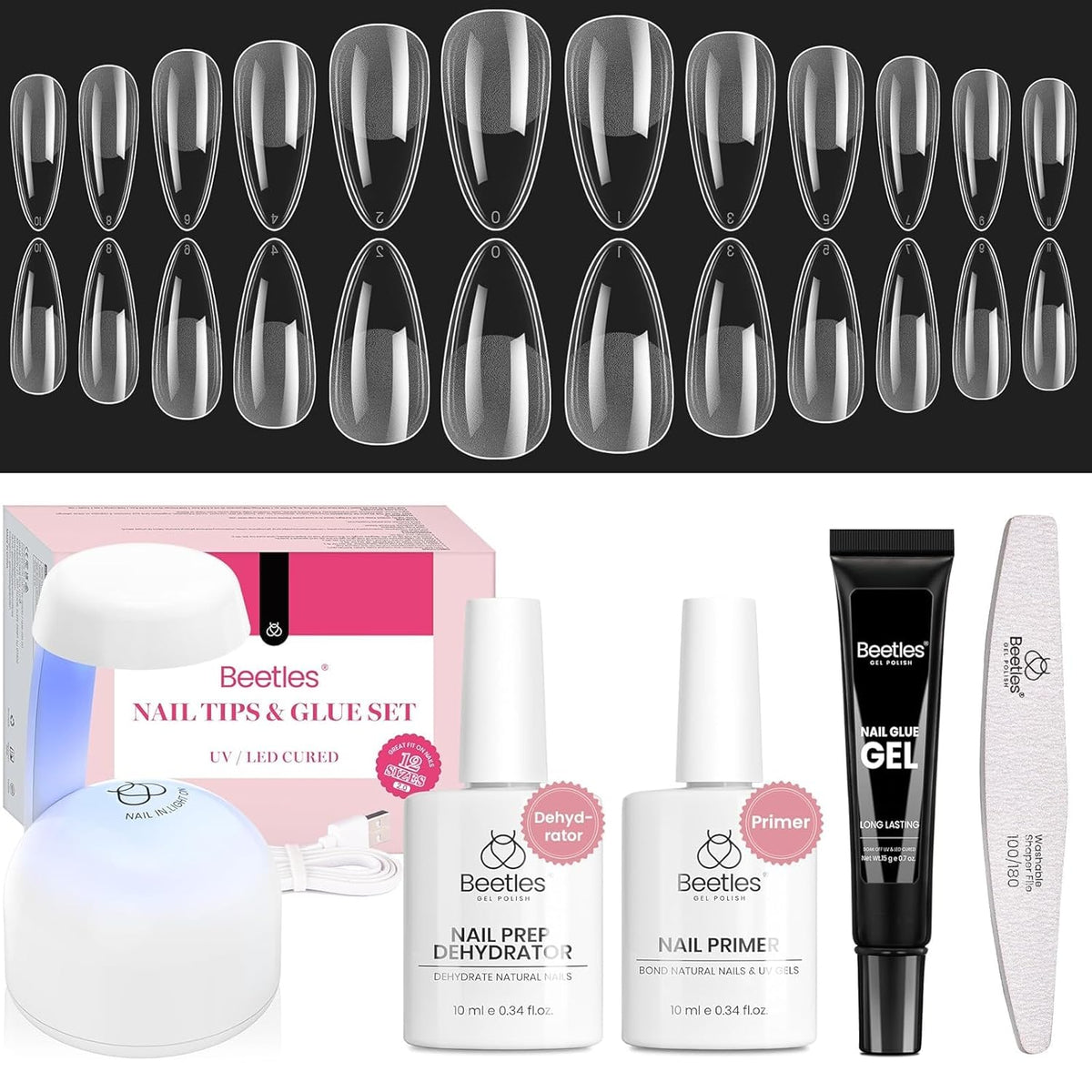 Beetles Gel Nail Kit Medium Almond with Nail Dehydrator and Primer, 576Pcs Half Matte Etch-X Gel Nail Tips Solid Nail Glue Mini Nail Lamp Acrylic Nail Tips Easy DIY Nail Extension Set Gift for Women
