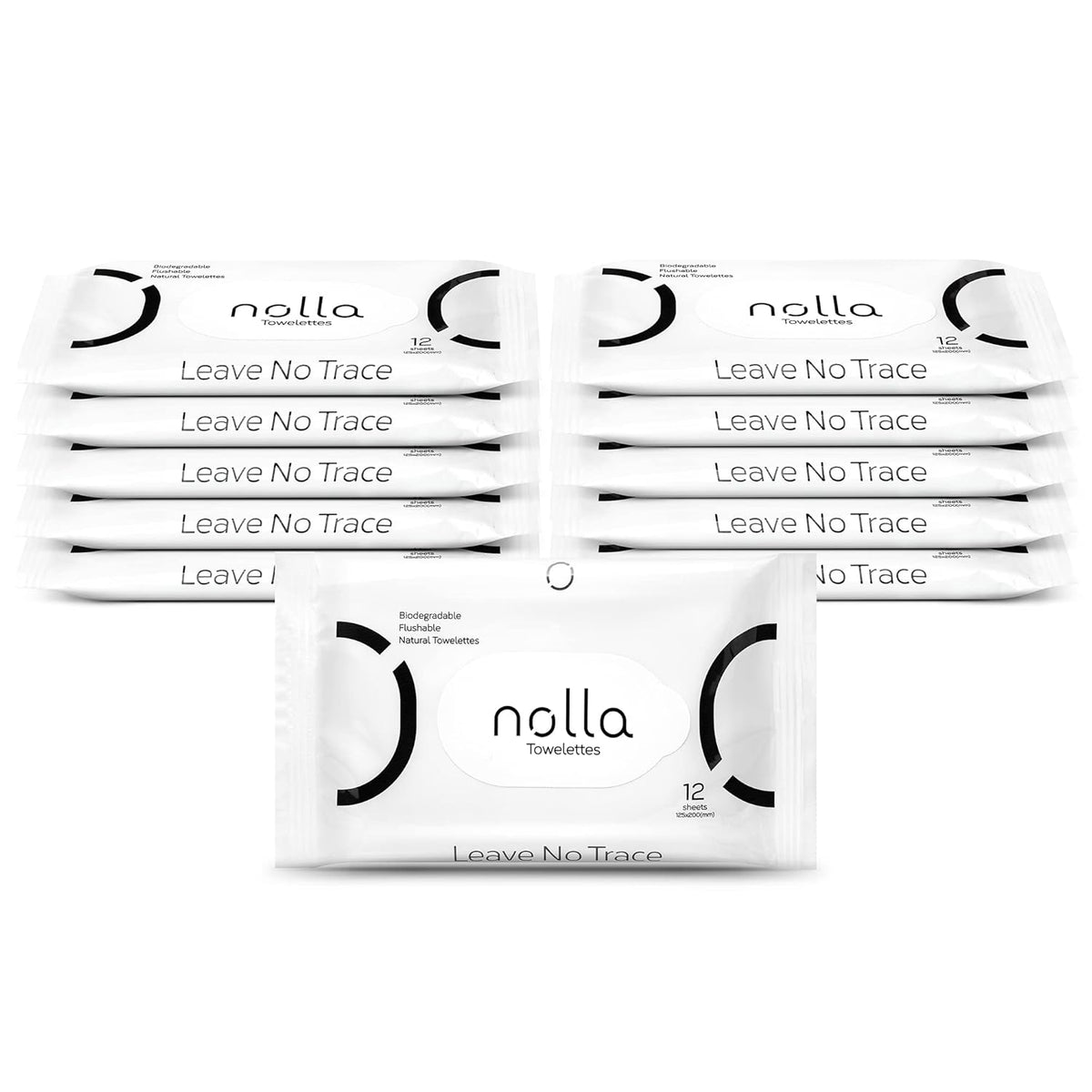 Nolla Flushable Wipes Travel Packs, 100% Plant-Based, Plastic-Free and Biodegradable - Unscented + Soothing Aloe and Vitamin E 120 Count (10 Packs of 12)