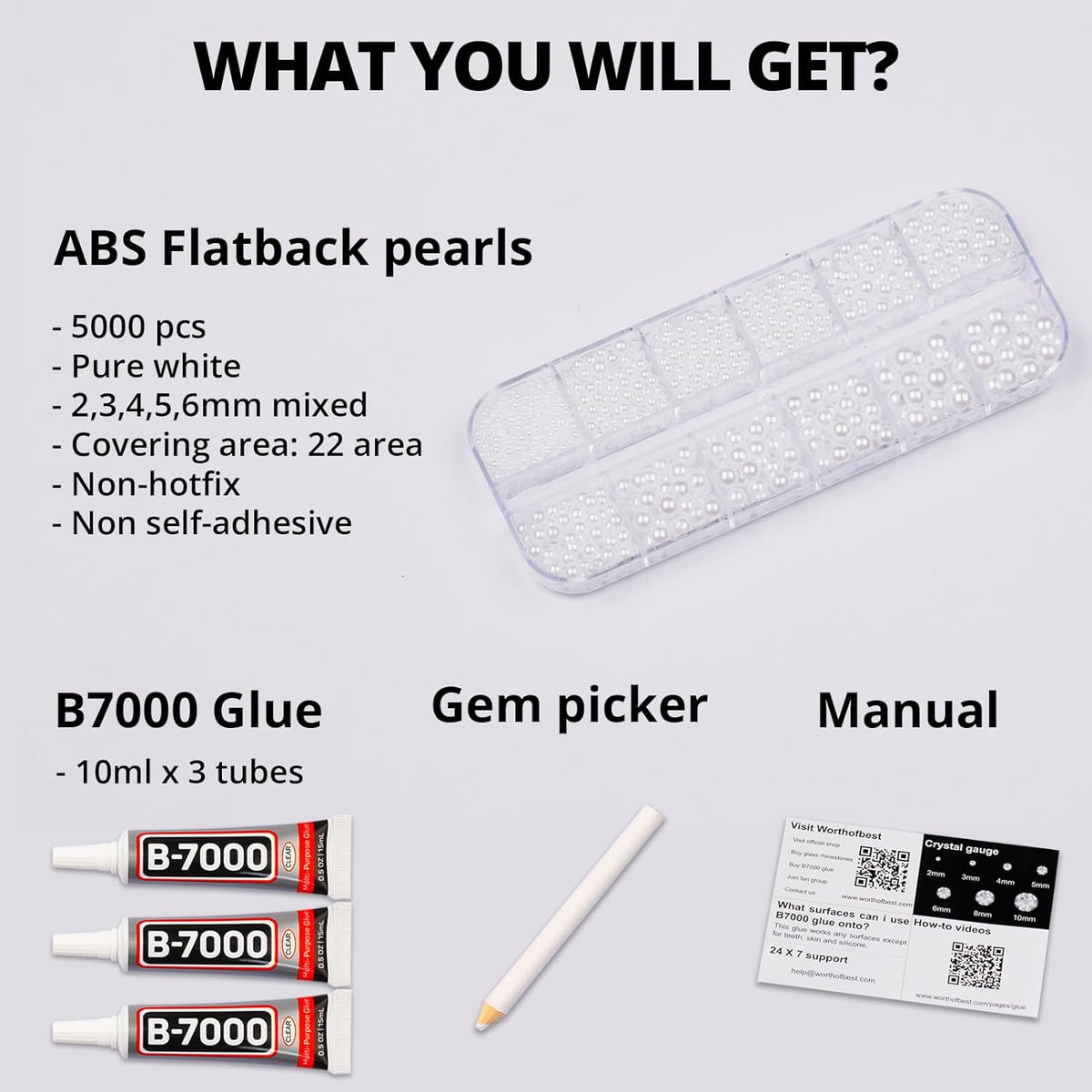 5000Pcs Flatback Pearls for Crafting Bedazzling, White Mix 2/3/4/5/6mm Half Pearl Beads Flat Back for Crafts Clothing Tumbler Shoes Scrapbooking Charms Wedding Gown Glasses Boots with B7000 Glue