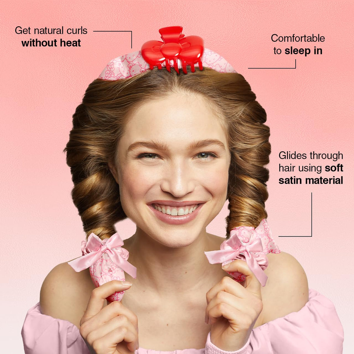 Hello Kitty x Kitsch XL Satin Heatless Curling Set- Heatless Hair Curler To Sleep In for Frizz-Free & Soft Curls, Comes with Bow Shape Design Hair Claw and Satin Scrunchies, Gifts for Women, 4pc Set