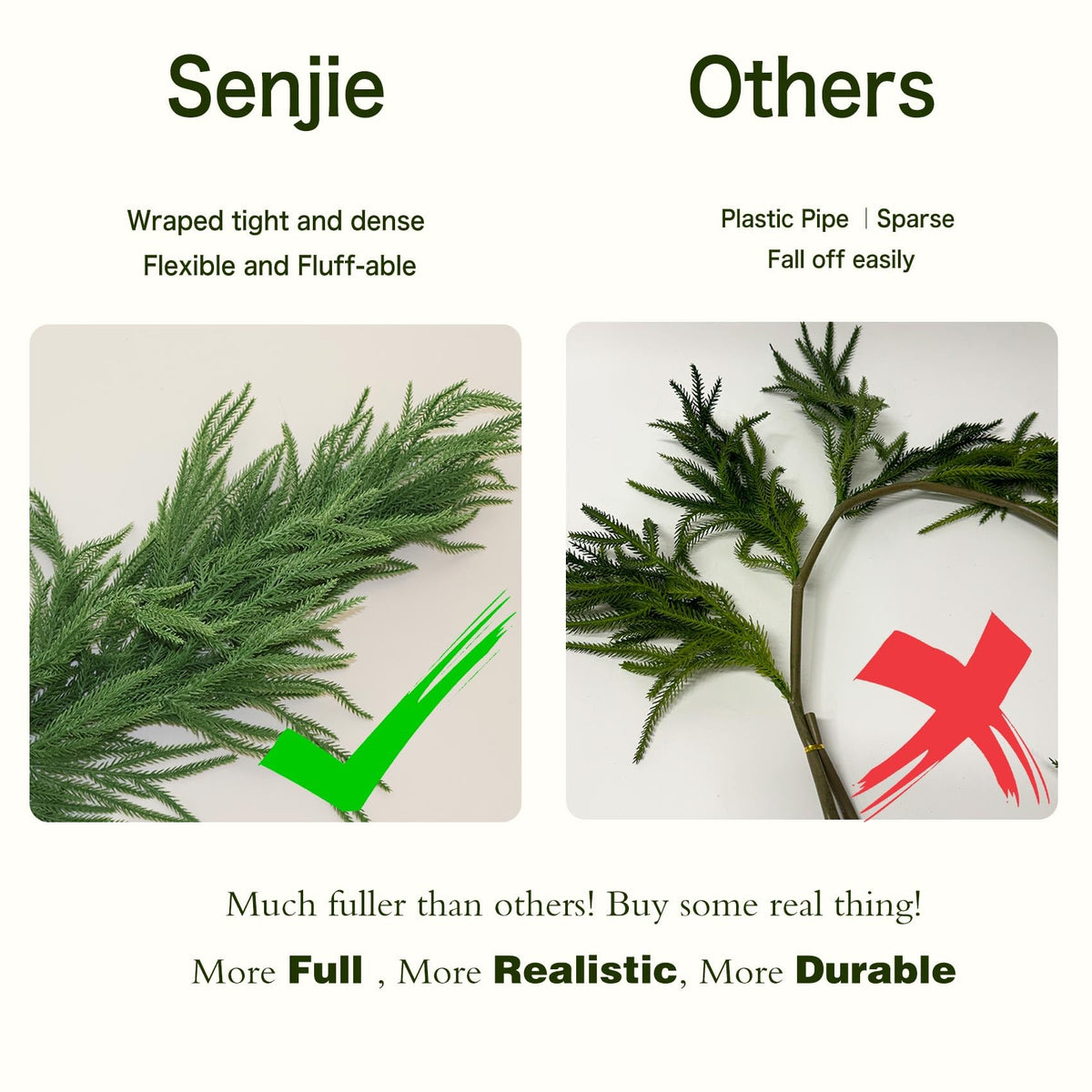 Senjie 6FT 2PCS Christmas Garlands Norfolk Pine Garland Real Touch Artificial Faux Greenery Garland for Holiday Indoor Outdoor Decor