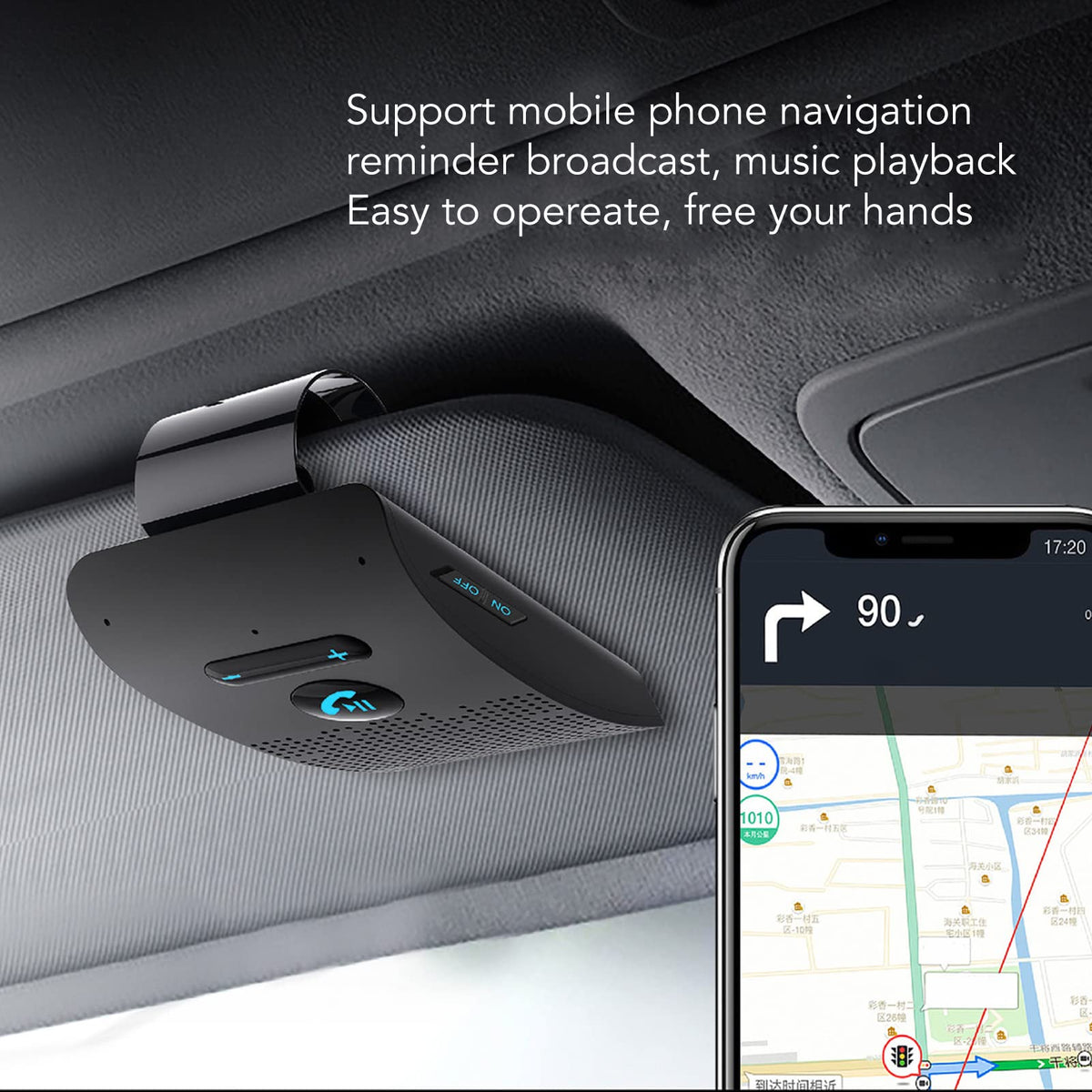 Handsfree Bluetooth for Phone Car Kit, Bluetooth Car Speaker Auto Power On Navigation Assistant Car Visor Bluetooth Receiver with Back Clip, Cars Handsfree Speakerphone Adapter