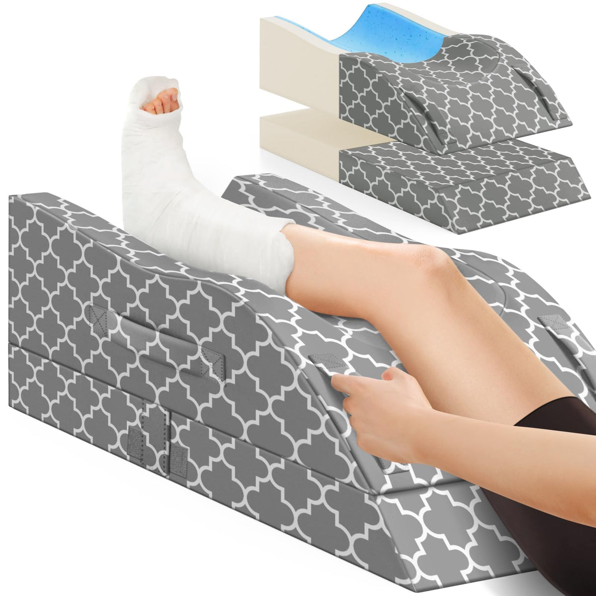 CloudBliss Leg Pillow, Leg Elevation Pillow for After Surgery, Adjustable Cooling Memory Foam with Summer Ice Sick Cover, Wedge Pillow for Blood Circulation, Knee Pillows for Back Knee Grey