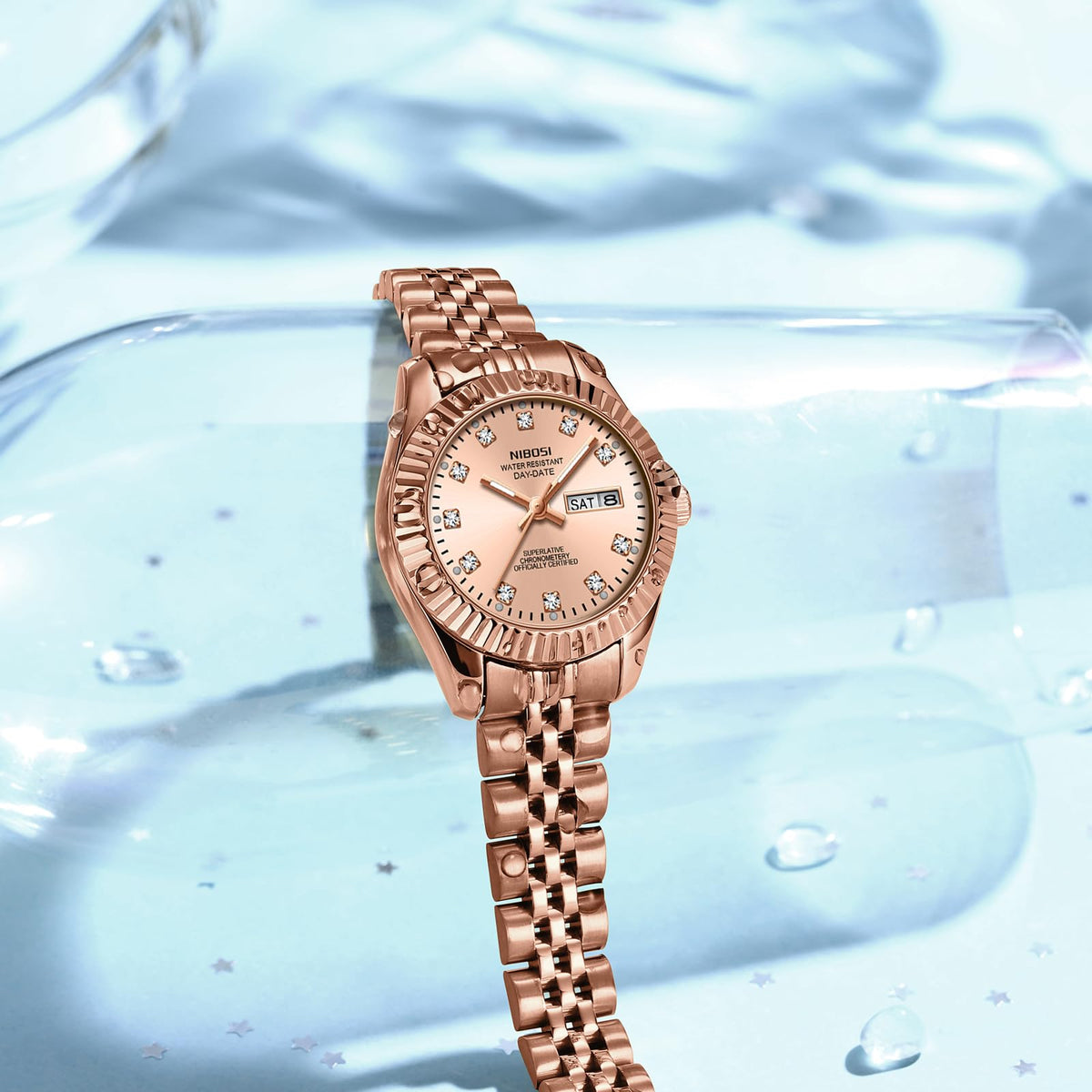 NIBOSI Watches for Women Analog Quartz Stainless Steel Dial Rose Gold Bracelet with Day Date Luminous Waterproof Dainty Classic Luxury Diamond Elegant Dress Women's Watch for Small Wrists