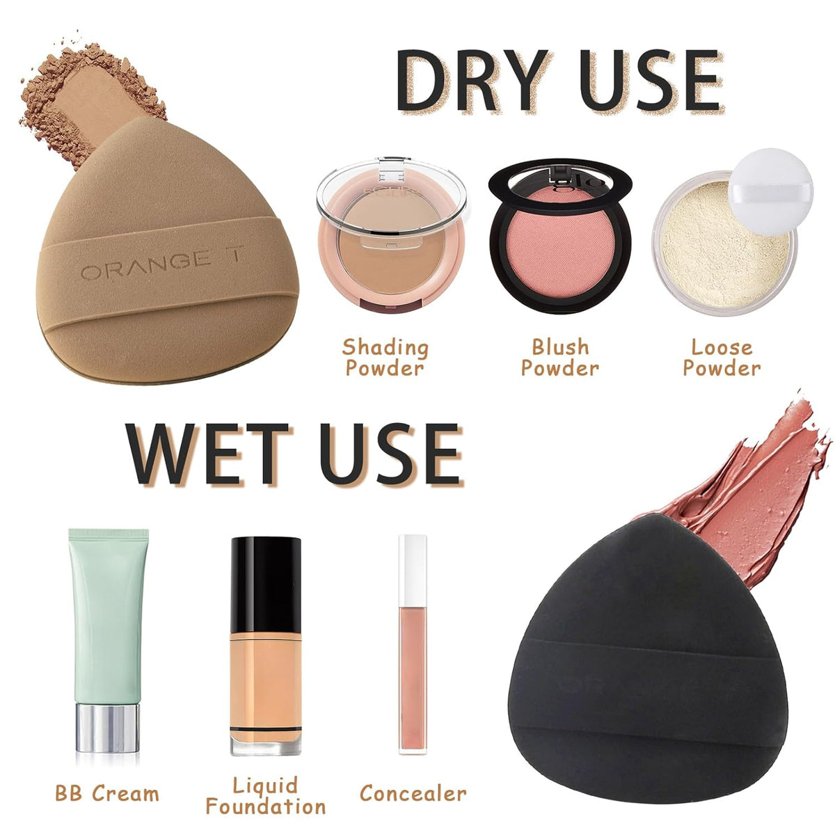 Lilystar 2Pcs Powder Puff Face Soft Makeup Sponge, Soft Triangle Powder Puffs Makeup Sponge Applicator Air Cushion Powder Puff for Liquid Foundation, Cream, Powder, Concealer (Black,Brown)