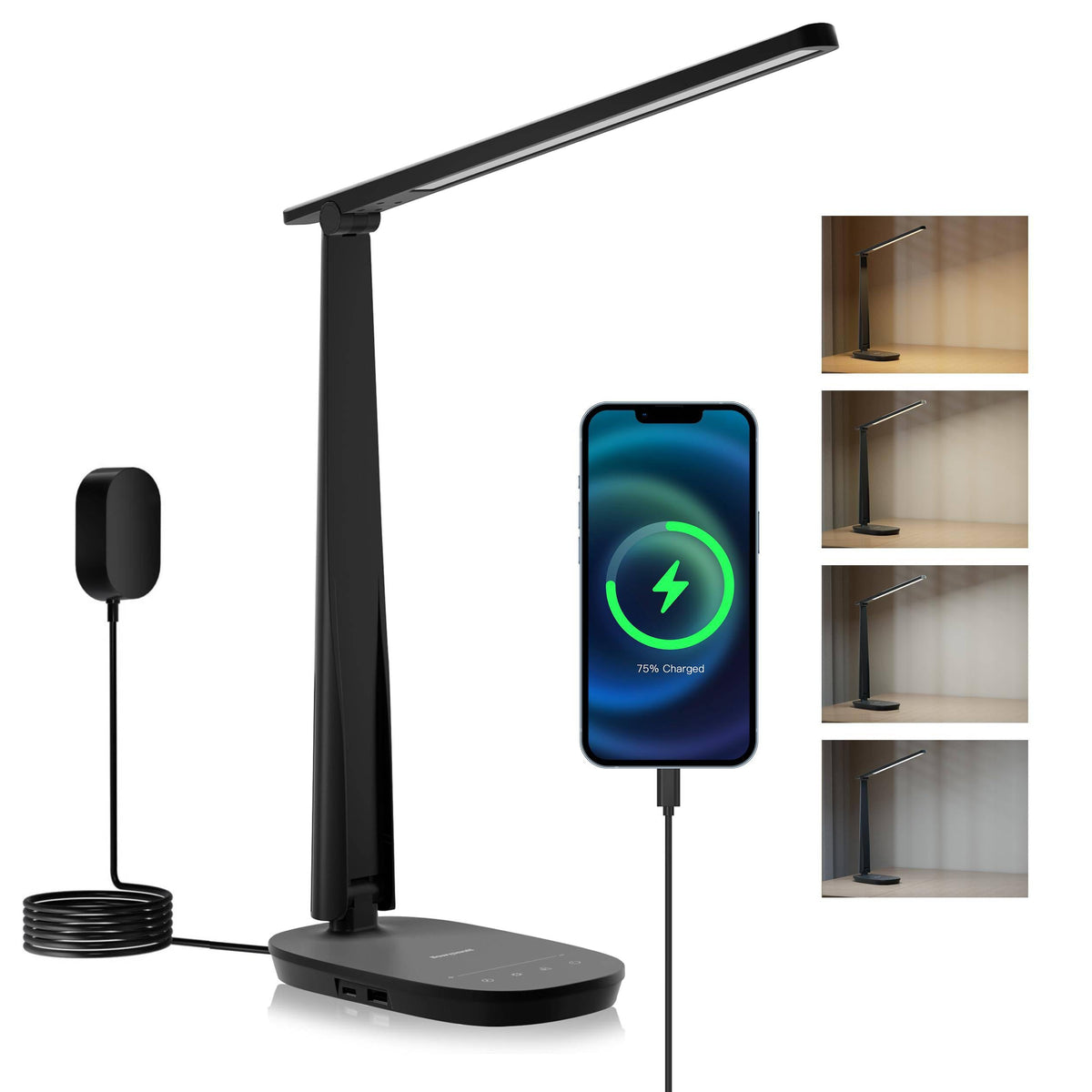 Honeywell Sunturalux™ LED Desk Lamp Dimmable Desk Light with USB A+C Dual Charging Port Eye-Caring Foldable Table Lamp with 4 Color Modes for Home Office Bedroom Reading Study Work HWT-H2B Black