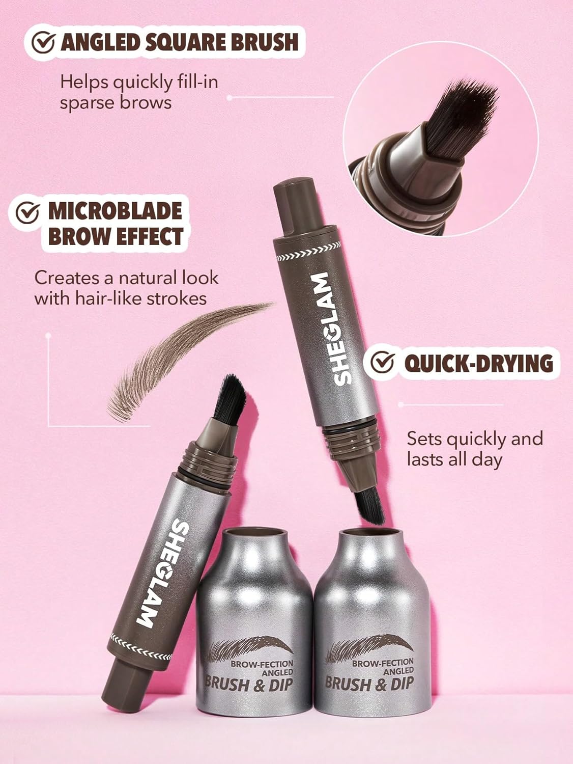 SHEGLAM Brow-Fection Angled Brush & Dip Upgraded Microblading Eyebrow Pen Long Lasting Waterproof Easy To Color-Ash