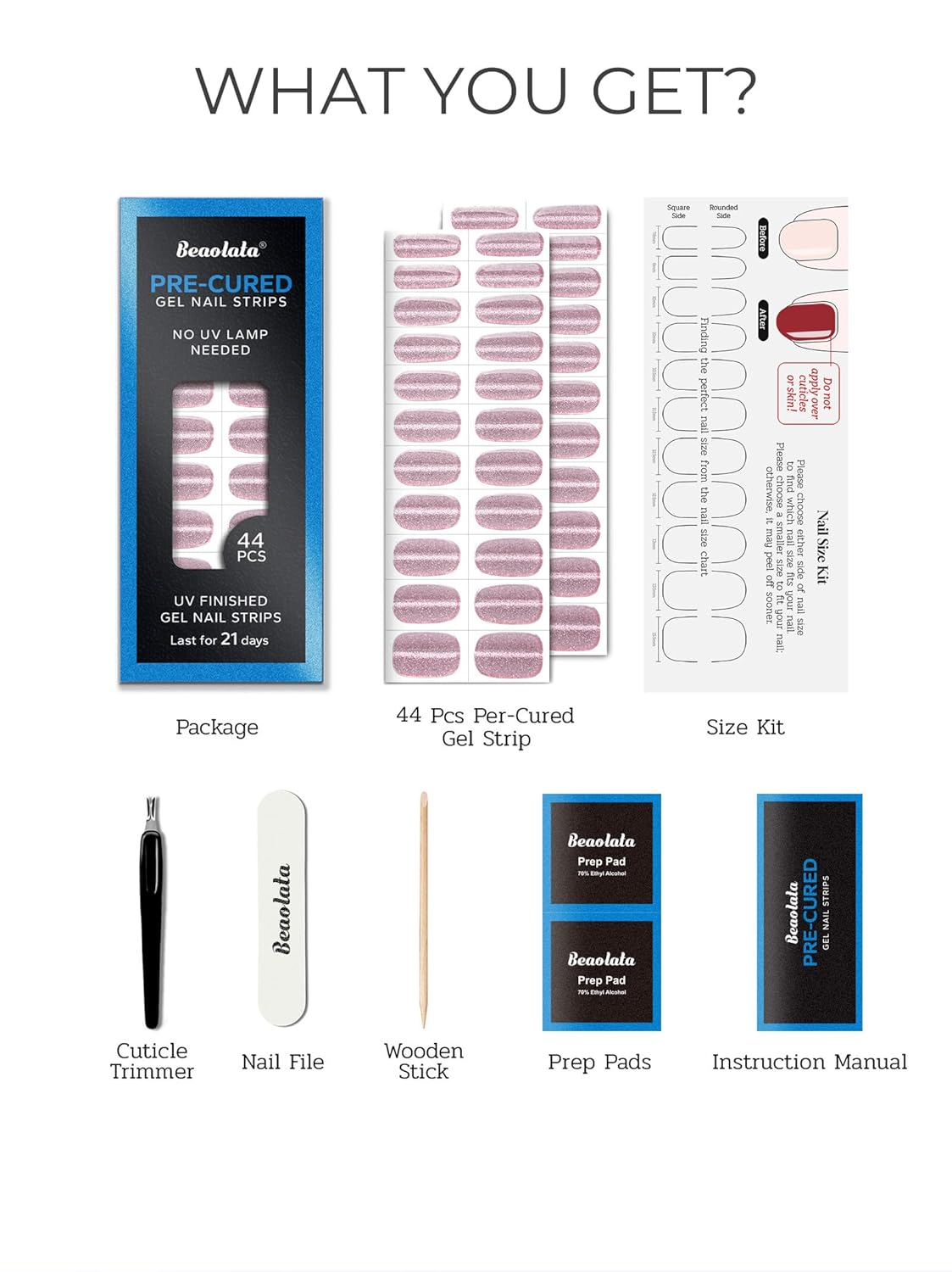 Pre Cured Gel Nail Strips - 44PCS Salon Quality Gel Nail Stickers - Long Lasting Polish Wraps for Women no UV Light Needed Easy Apply& Remove (Line Glitter Pink)