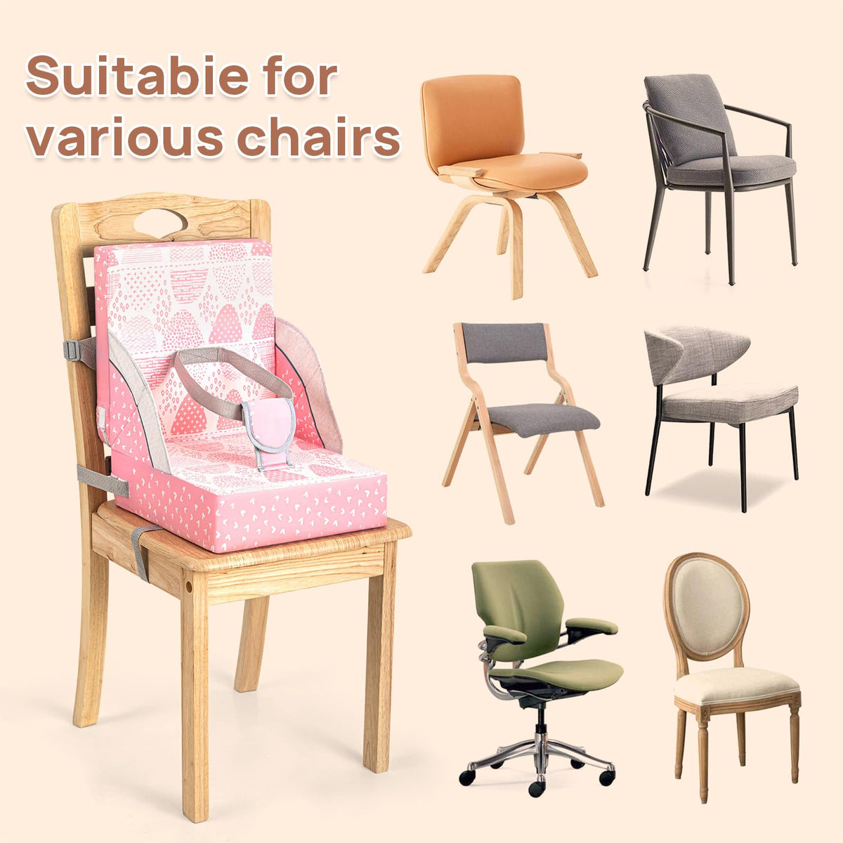 Toddler Booster Seat for Dining Table, Portable Booster Seat for Table, Adjustable Pink Cushion with Creative Design, Washable Seat Pad, Easy to Clean