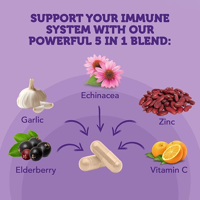 Vitamin Bounty Elderberry Organic Elderberry Capsules for Adults - Elderberry Vitamin C and Zinc Supplement, & Echinacea, Immune System Support, Advanced 5-in-1 Blend, Non-GMO - 60 Capsules