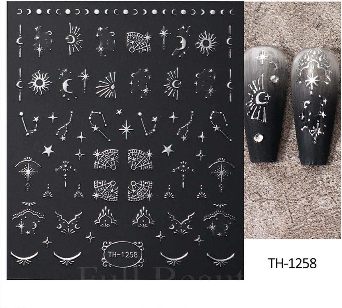 Metallic Silver Nail Art Stickers 3D Self-Adhesive Nails Stickers Bohemian Sun Moon Hexagram Butterfly Heart French Tip Decal Supplies Women DIY Silver Metal Nail Art Decoration 4Sheets