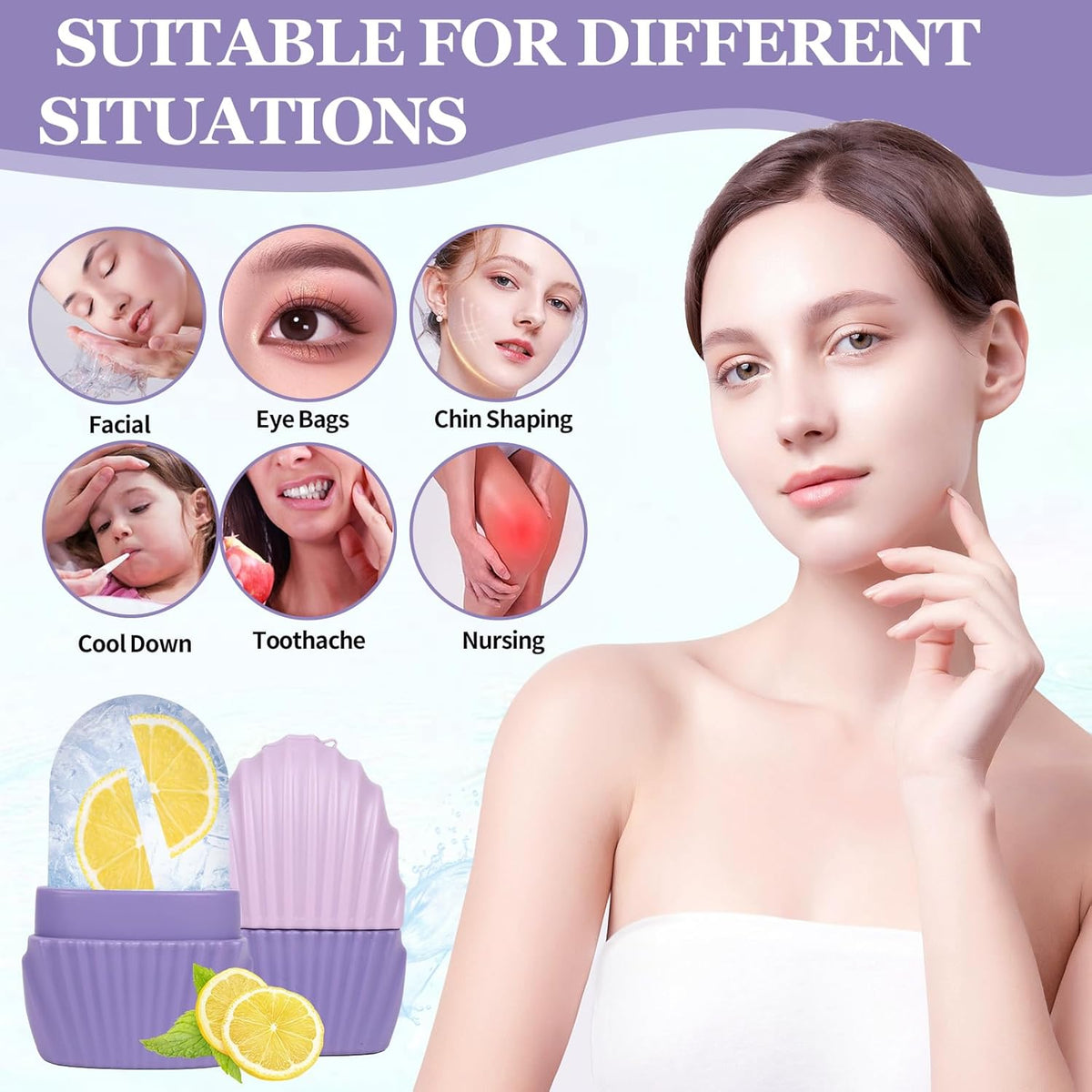 Ice Cube Roller for Face,Eyes and Neck,Reusable Silicone Ice Mold Mermaid Shell Shape for Shrink Pores Anti Wrinkle and Skin Beauty Care,Reduce Migraine Pain,Gua Sha Face Massage Tools (Purple)