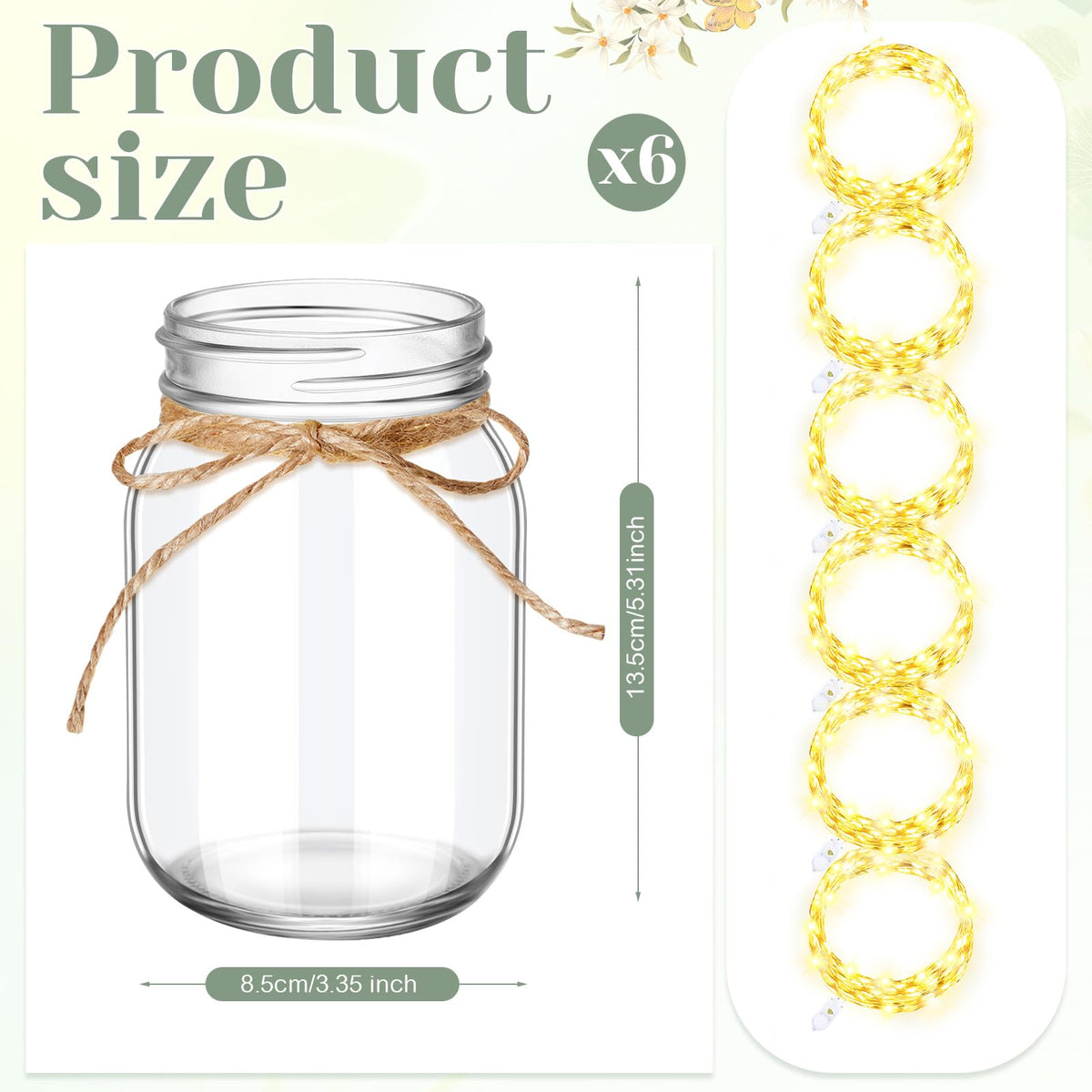 Chunful 6 Pcs Glass Mason Jar with LED Lights for Table Centerpiece Decorations Set Clear Rustic Farmhouse Coffee Table Decor with LED Lights for Wedding Dining Room Kitchen Decor