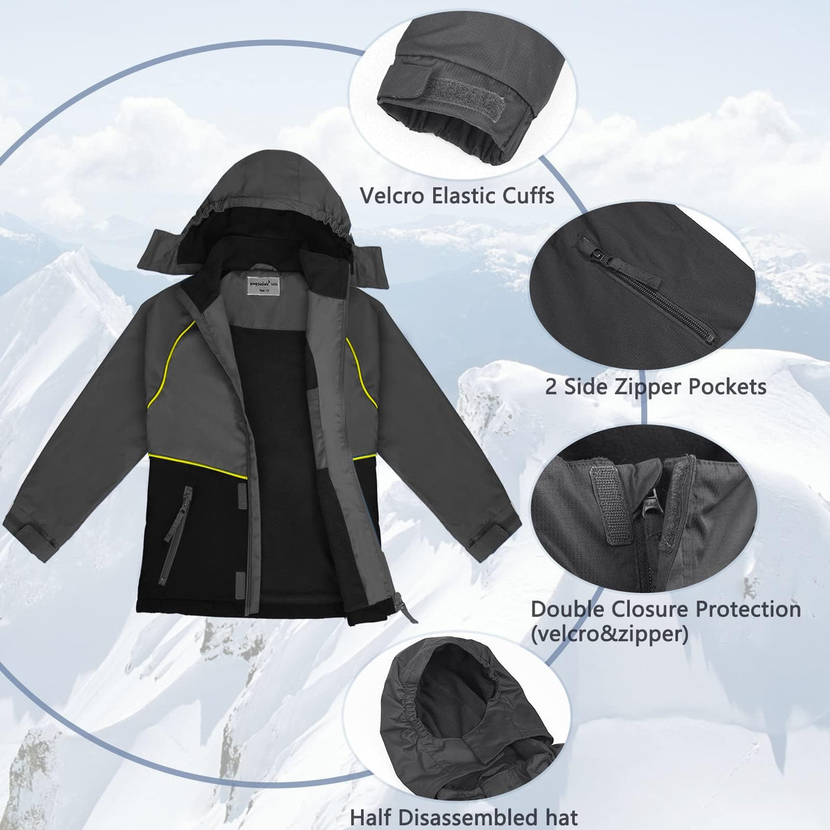 ENDIRAD Kids Rain Jackets for Boys Size 5t-6t, Lightweight Windproof Raincoat - Hooded Spring Jackets, Warm Fleece Winter Coat for Kids (Grey)