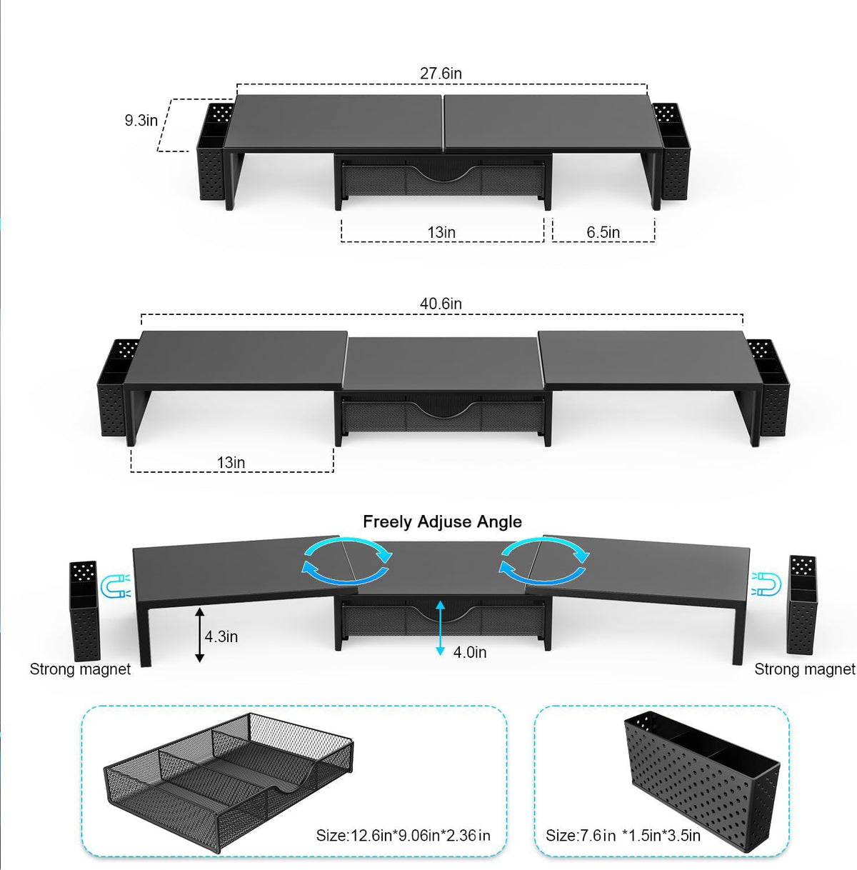 gianotter Dual Monitor Stand Riser, Desk Organizer With Drawer and 2 Pen Holders, Computer Monitor Stand, Desk Shelf for Top of Desk, Balck