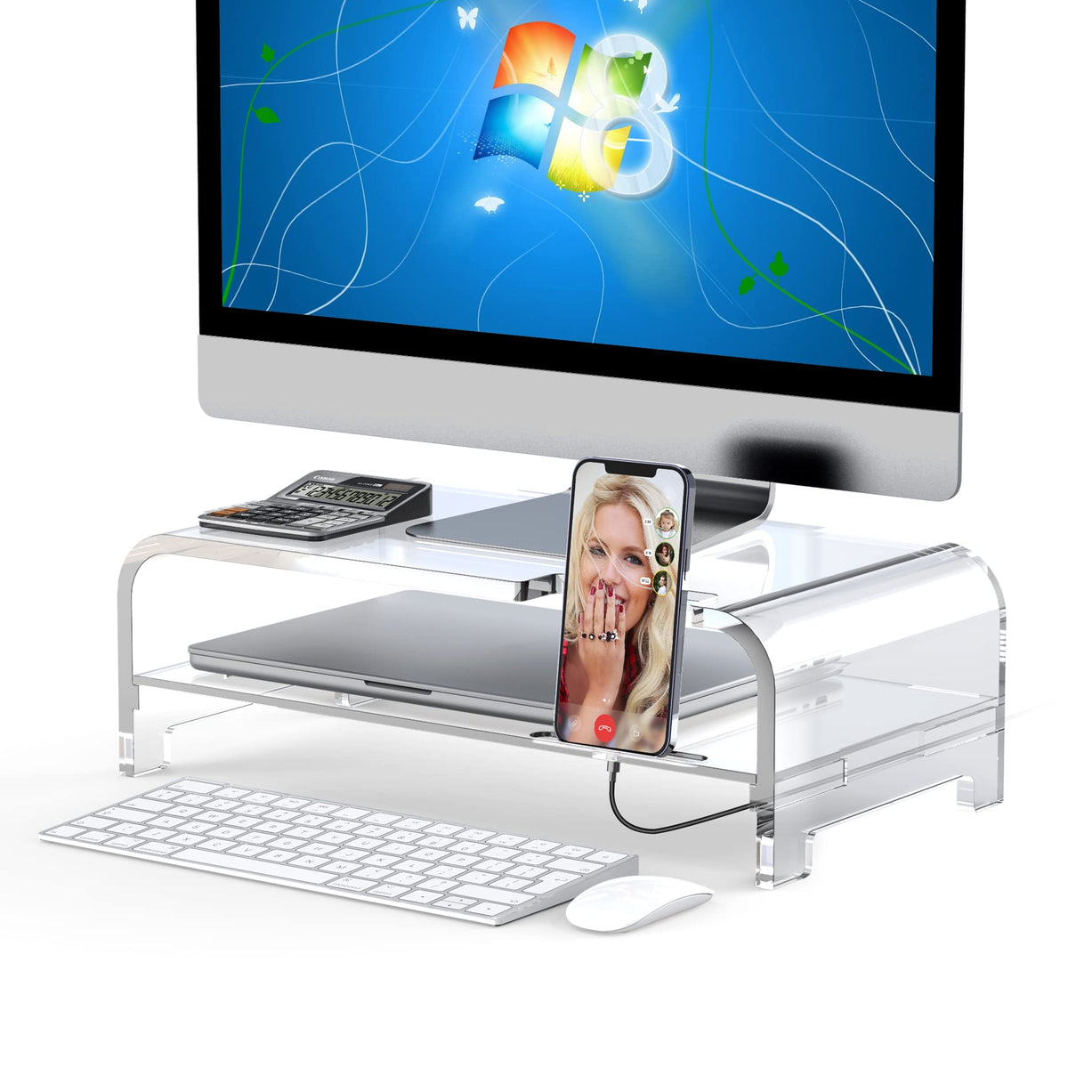 Beimu Acrylic Monitor Stand Riser Acrylic Laptop Stand Clear Computer Stand Laptop Riser with Storage Desk Organizer Accessories for Home and Office