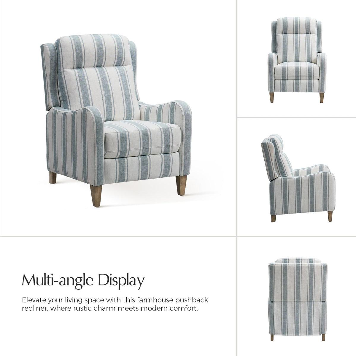 HULALA HOME Pushback Recliner Chair with Solid Wood Legs, Fabric Striped Comfy Upholstered Seating with Footrest, Armchair for Living Room/Reading, Blue