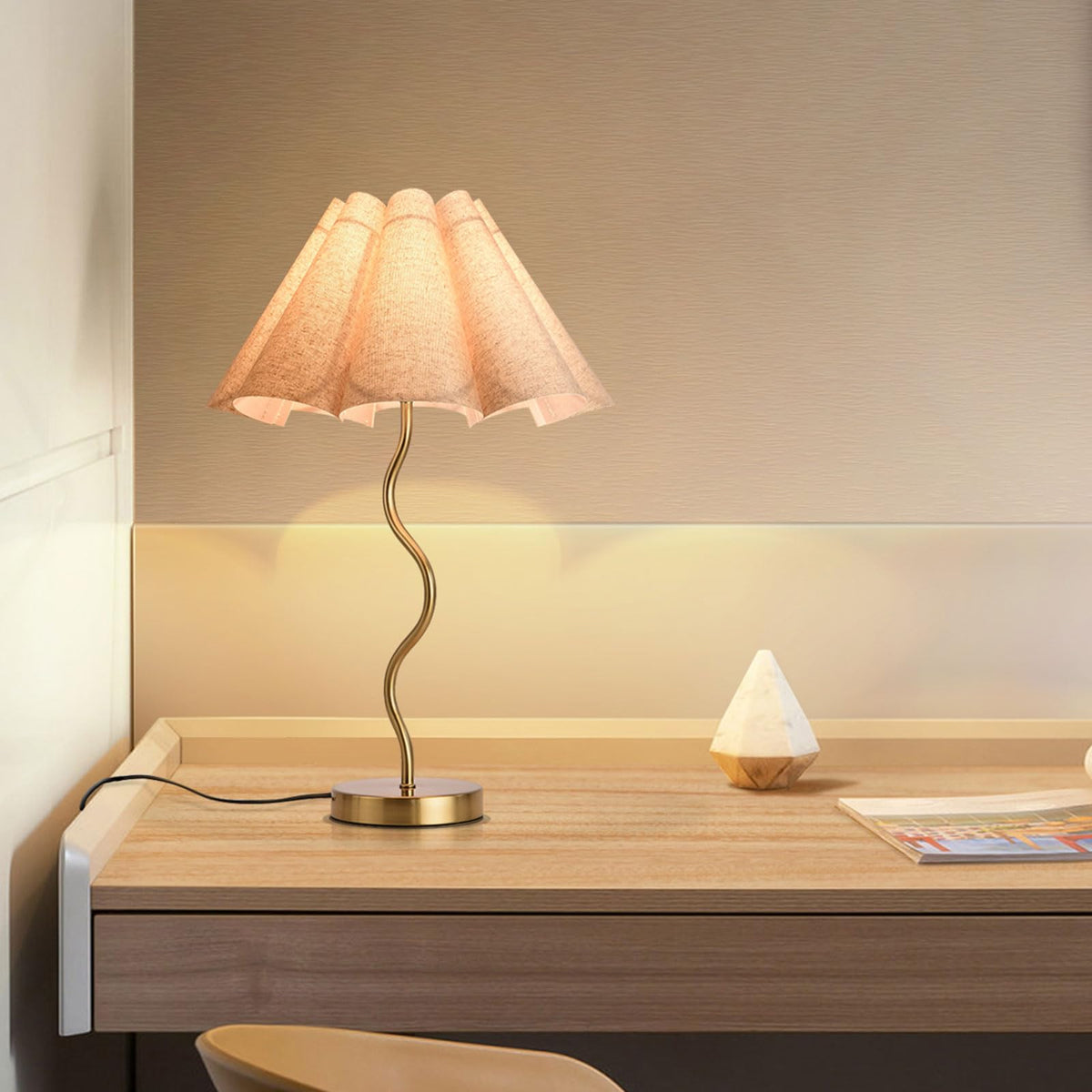 KUNJOULAM Small Table Lamp, Bedside Nightstand Lamp with Umbrella Form Fabric Lampshade, Morden Mini Desk Lamp for Bedroom Home Office Decor