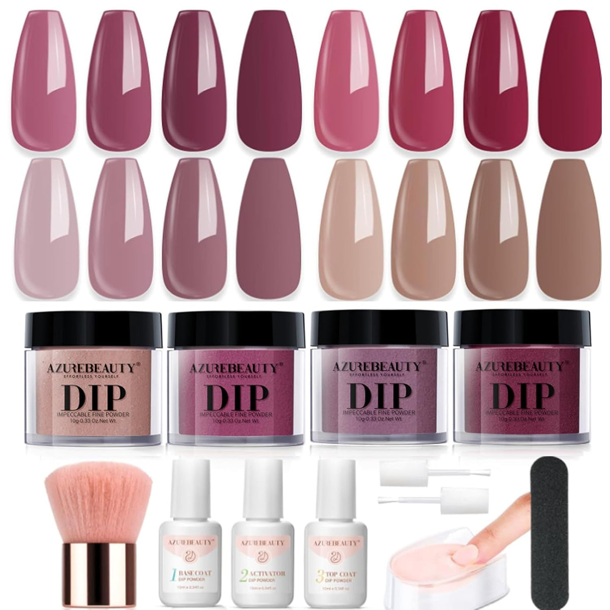 4 Colors Dip Nails Powder Kit, AZUREBEAUTY Fall Winter Brown Purple Dipping Powder Starter Set with Base & Top Coat Activator Recycling Tray for French Nail Art Manicure Salon DIY at Home