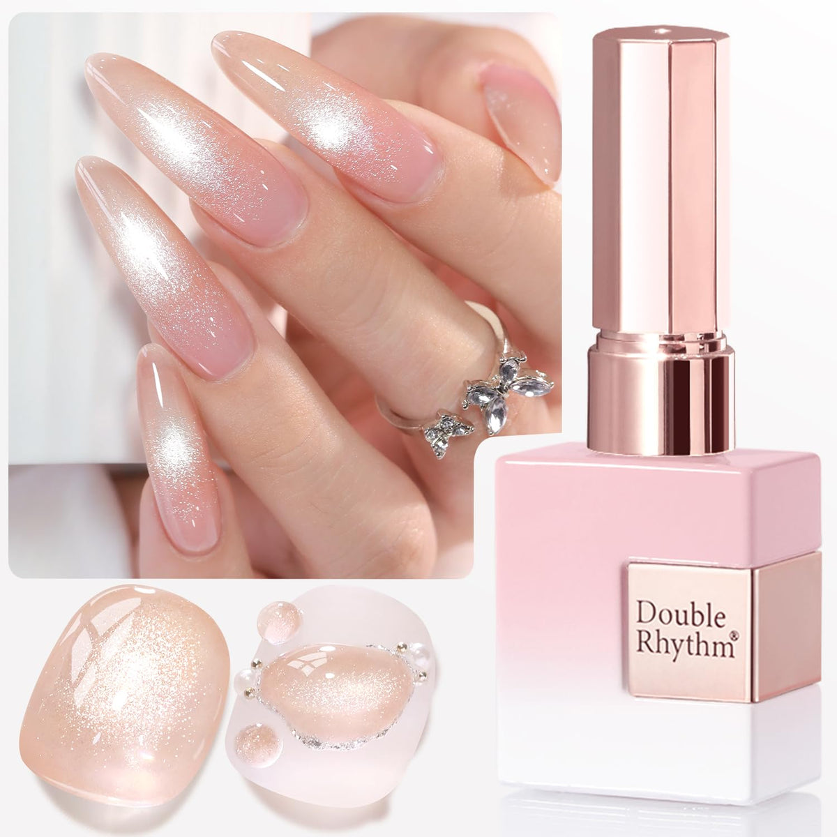 Double Rhythm 0.5 Oz Cat Eye Gel Polish with Magnet Same Color Same Bottle Holographic Glitter Shimmer Translucent Color Salon 15 ML Magnetic Nail Art (Nude Pink-MC1154)