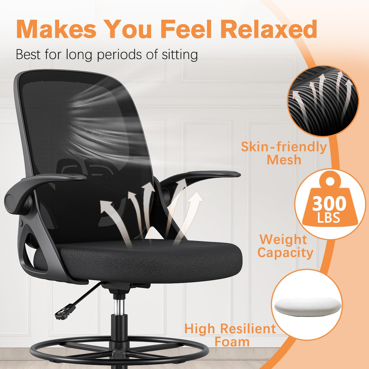 ORRSAKER Tall Drafting Chair with Lumbar Support and Footrest Ring, Supportive Tall Extended Height Ergonomic Desk Chair for Home Work, Breathable Mesh Office Chair with Flip up Arms(Black)