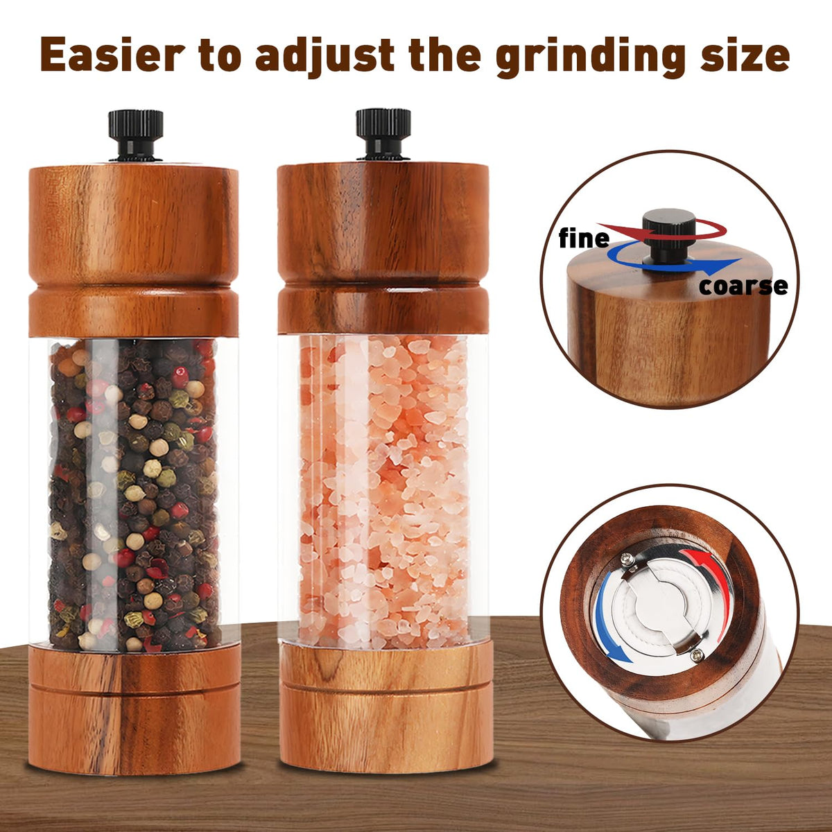 FUSHUI 2 Pack 5.5 Inch Wood Salt and Pepper Grinder Set, Premium Acrylic Salt and Pepper Grinder Set with a Adjustable Ceramic Rotor - Made of High-Grade Acacia Wood Material