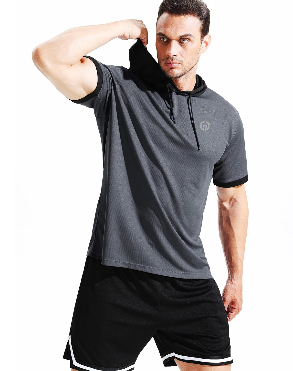NELEUS Men's Running Shirt Workout Athletic Shirts with Hoodie Pack of 3,5112,Black/Grey/Navy Blue,X-Large