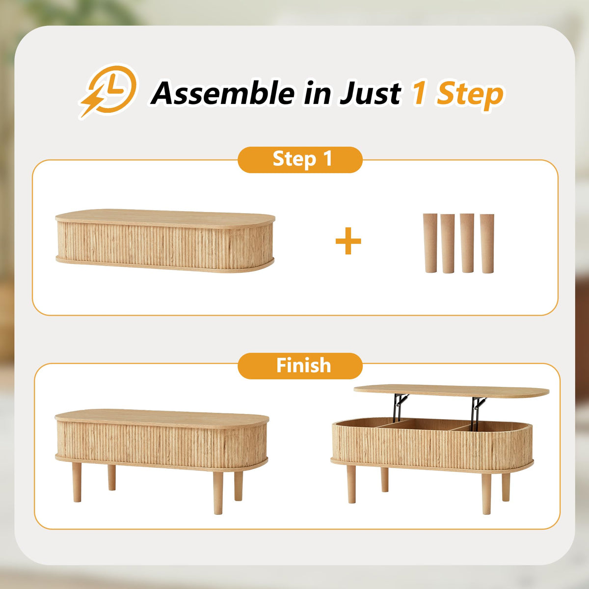 Fluted Lift Top Coffee Table with Hidden Compartment, Fully Assembled Wooden Center Table, Modern Oval Lift Tabletop for Home Living Room Office, Natural