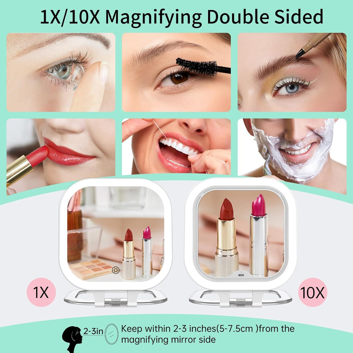 FASCINATE 10X Magnification Rechargeable Travel Makeup Mirror, Lighted Portable Vanity Mirror with 3 Colors Lighting & Stepless Dimming, Double Sided LED Mirror, Gift for Women (White+Bag)
