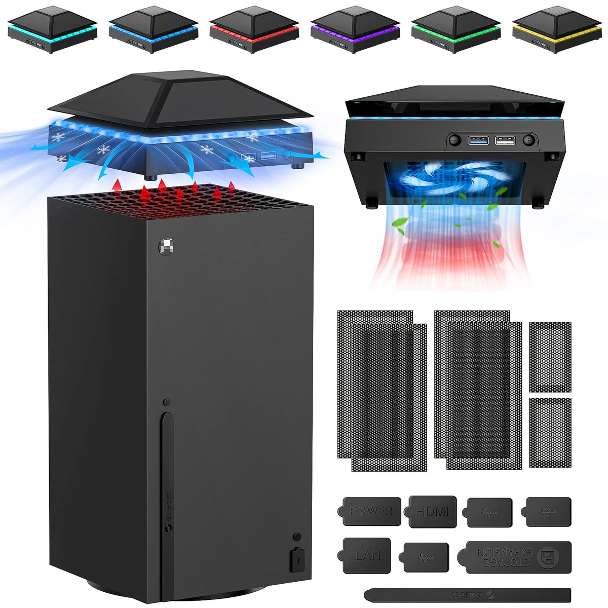FASTSNAIL Cooling Fan with Dust Cover for Xbox Series X, Cooling System Top Fan with RGB Light, 3.0 &2.0 USB Port, Dust Proof Filter, Low Noise with 3 Gears (Black)