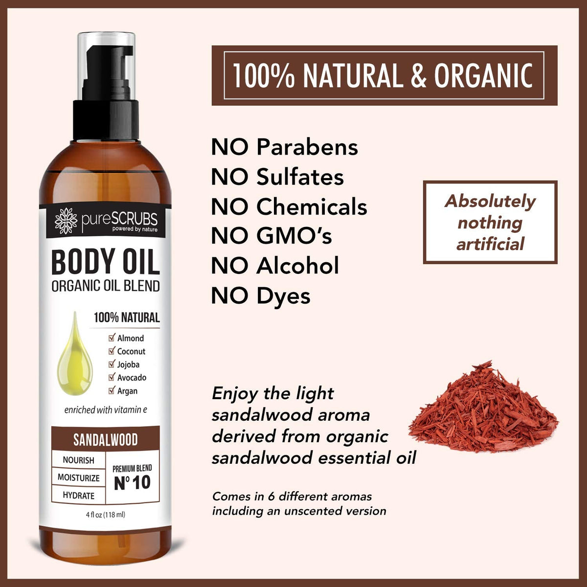 pureSCRUBS Ultra Moisturizing Sandalwood Body Oil Spray For Dry Skin, Massage, Cuticles & More, Organic Blend of Jojoba, Argan, Coconut, Sweet Almond & Avocado Oils Enriched with Vitamin E, Lg 4oz