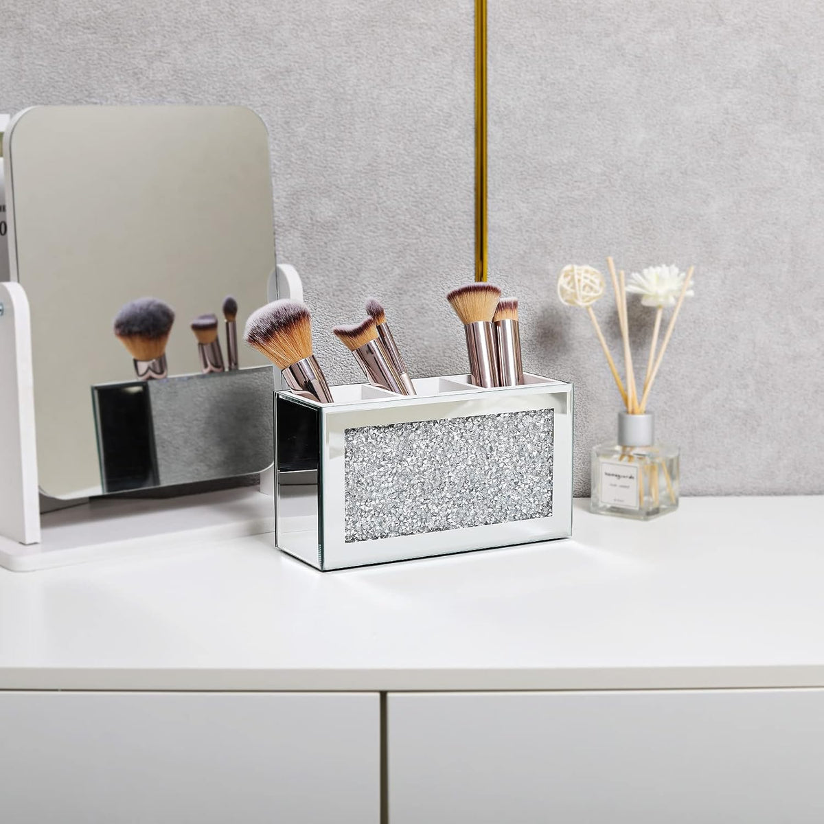 SWTHONY Silver Makeup Brush Holder Organizer, Bling 3 Slot Crushed Diamond Crystal Mirrored Cosmetic Brushes Storage, Eyeliners Eyebrow Pencil Display Case
