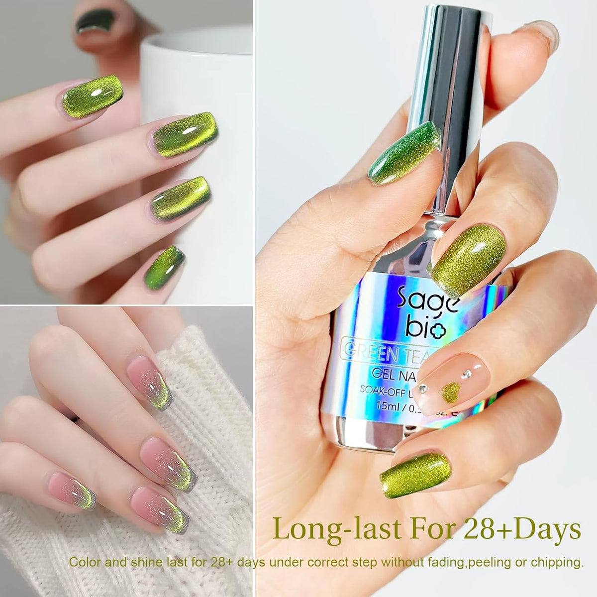 2PCS 15ml Cat Eye Gel Nail Polish, Glitter Holographic Nail Polish with Magnet Soak Off for DIY Manicure 18, Reflective Translucent UV Gel for Nail Art