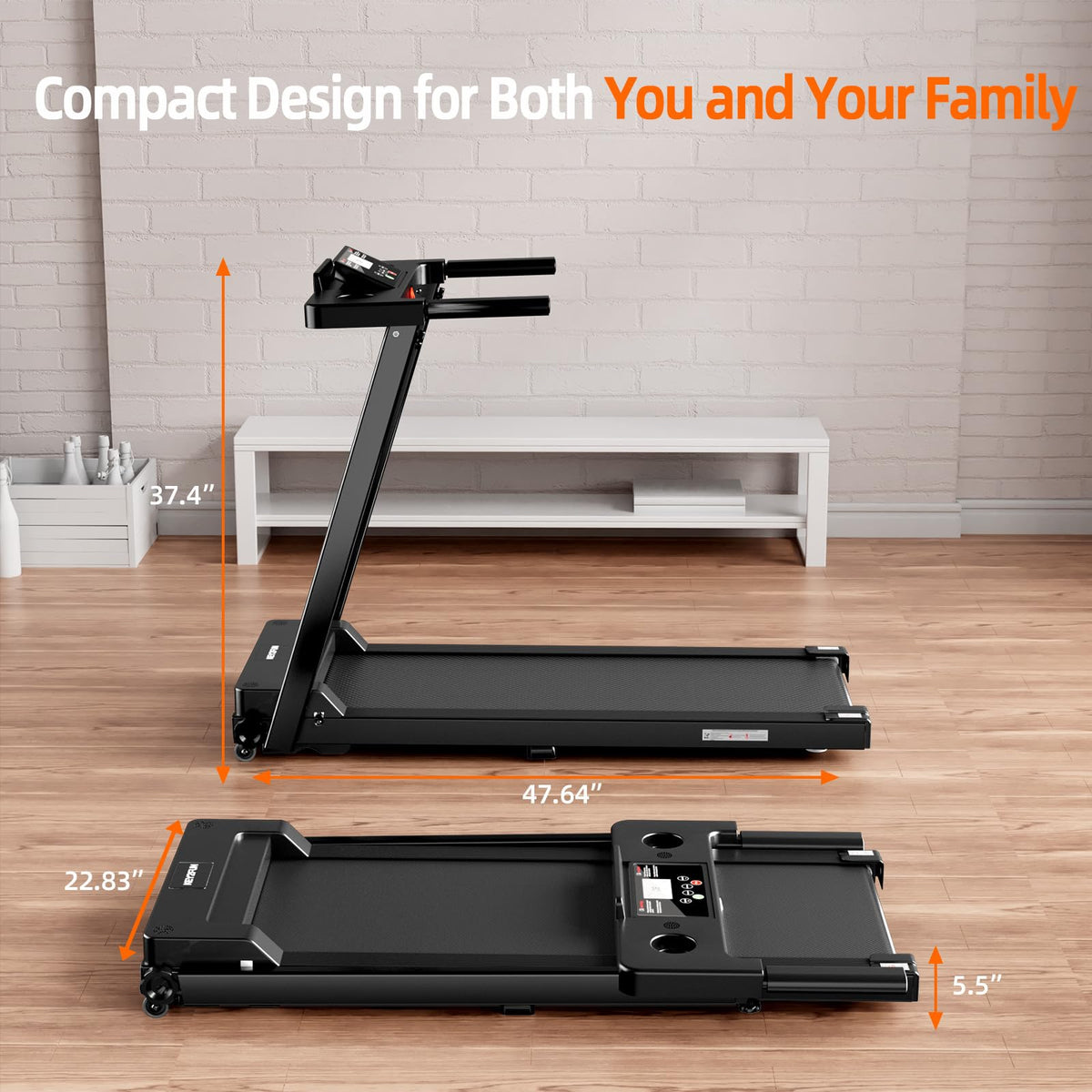 KEY2FUN Treadmills for Home, Walking Pad with Handle Bar, Portable Foldable Treadmill, Lightweight Folding Treadmill with 300 LBS Capacity, 3.0 HP Walking Pad with LED Display