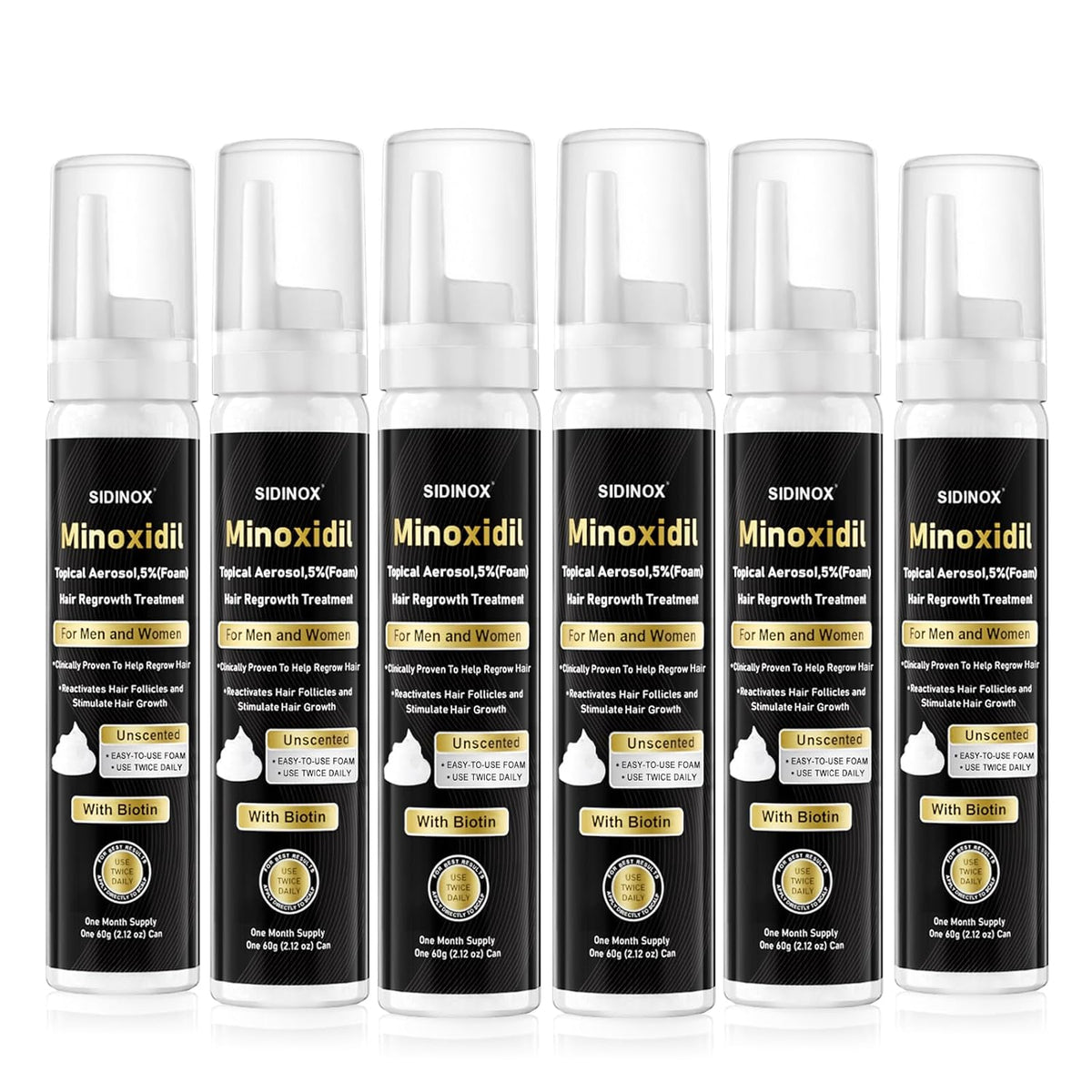 5% Minoxidil Foam for Men & Women - Hair Growth Treatment with Biotin, Non-Greasy Fast Absorbing Foam for Thinning Hair, Regrow Fuller Thicker Hair & Beard, 6 Month Supply (6 x 2.12 oz)