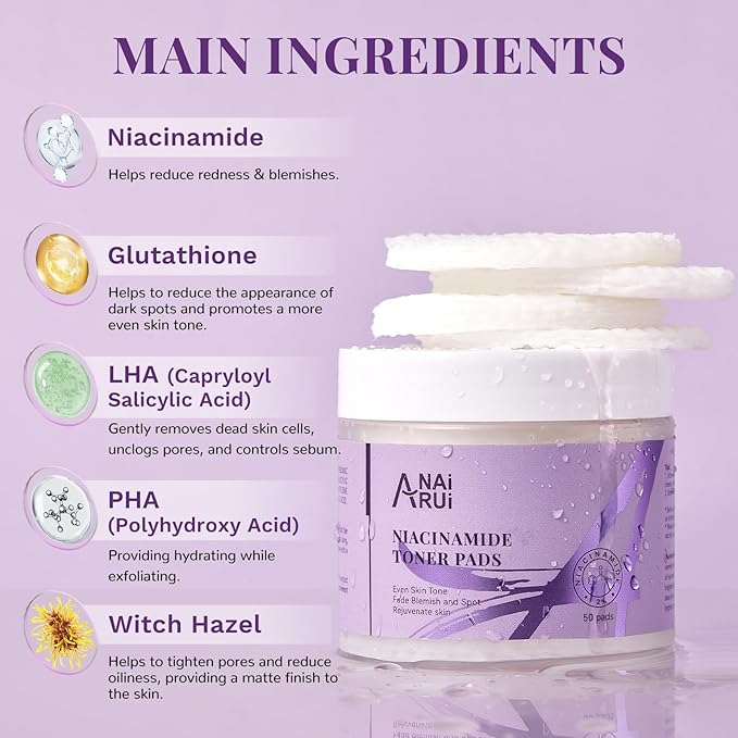 ANAI RUI Niacinamide Toner Pads,with Glutathione, Niacinamide, LHA, PHA, Facial Radiance Wipes for Even Skin Tone, Reduce Blemish and Spots 50 Pads