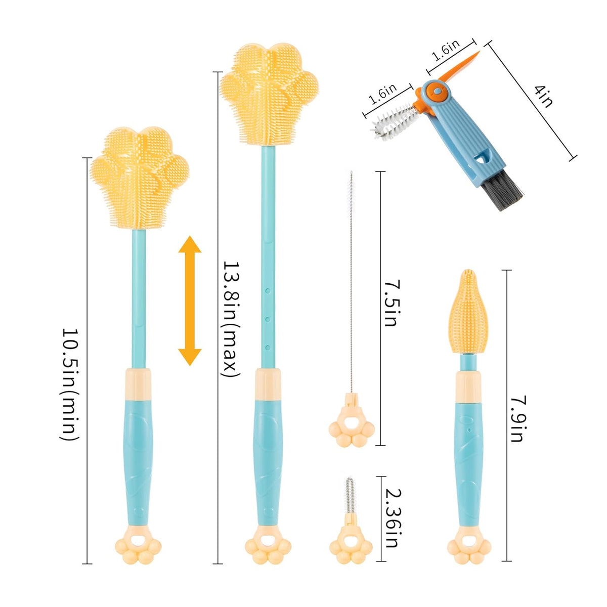 Adjustable Handle Length 10.5-13.8in Water Cup Cleaner Bottle Brush, Silicone Baby Bottle Brush, Pot Brush Cleaner, Blue